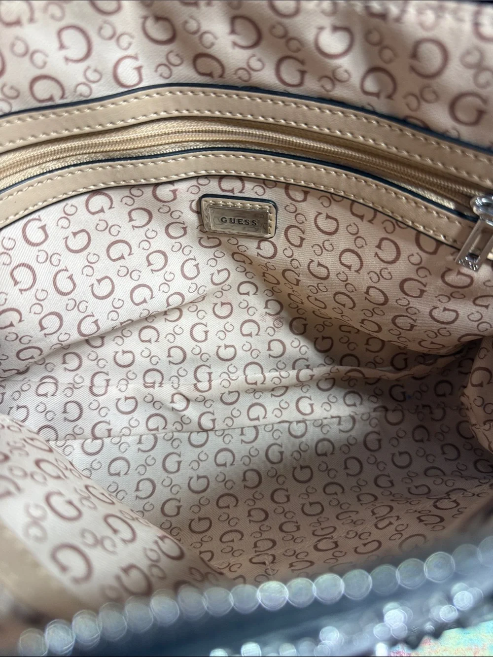 Guess Monogram Satchel in Taupe and Black